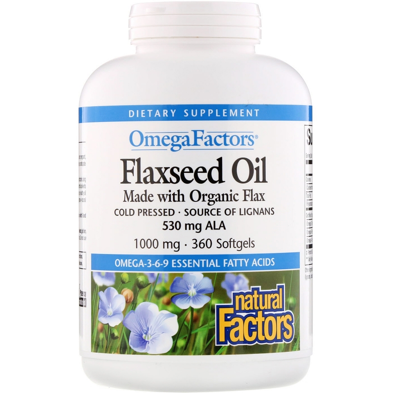 Natural Factors, Omega Factors, Льняное масло, 1000 мг, 360 желатиновых капсул