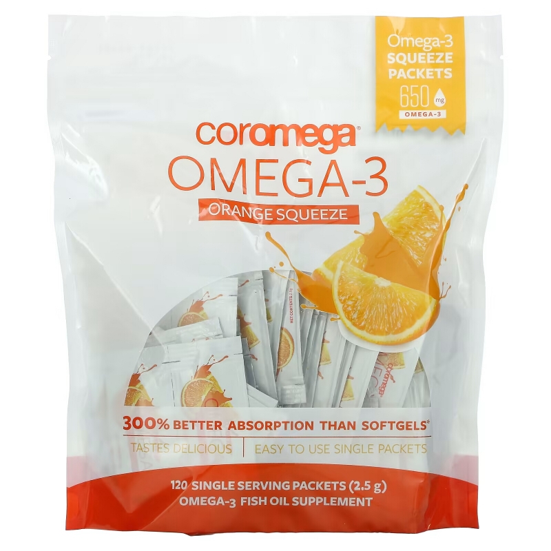 Coromega Омега-3 Squeeze со вкусом апельсина 120 выжимающихся пакетиков по 2.5 г