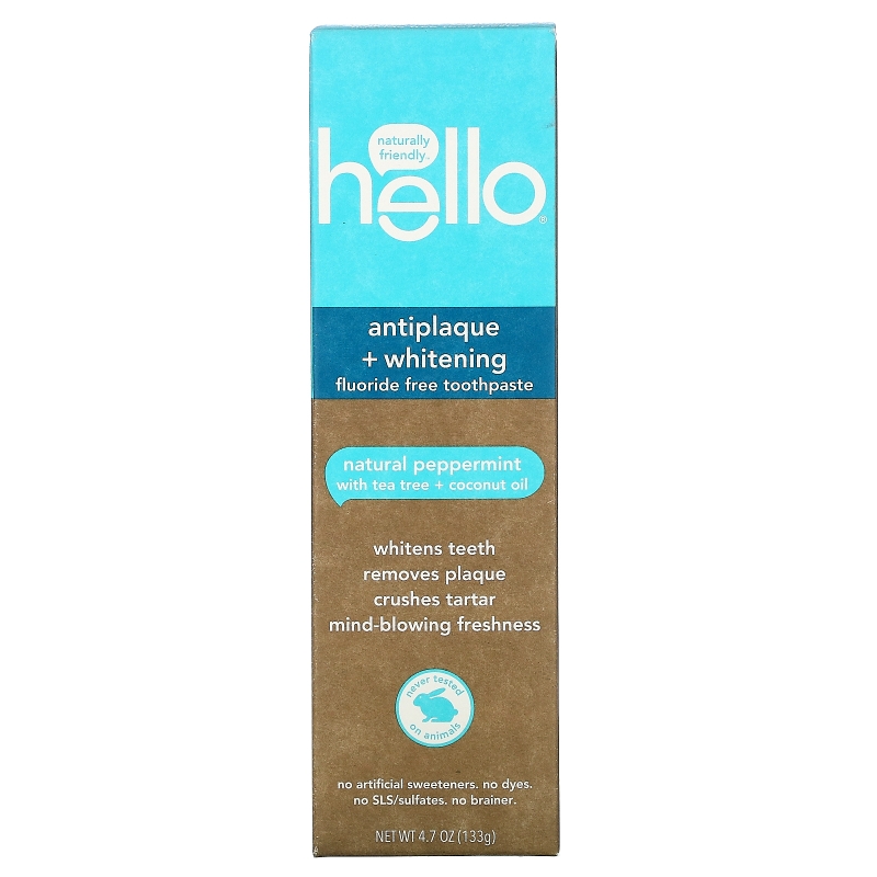 Hello, Antiplaque + Whitening Fluoride Free Toothpaste, Natural Peppermint, 4.7 oz (133 g)